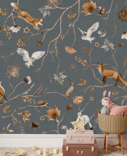 murale personalizzato con animali per bambini chiamato Playful Forest - Blue di Kikki Belle per camerette per bambini murale personalizzato con animali per bambini chiamato Playful Forest - Blue di Kikki Belle per camerette per bambini