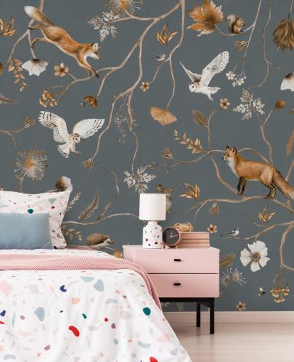 mural de parede de animais infantis personalizado chamado Playful Forest - Blue de Kikki Belle para quartos infantis