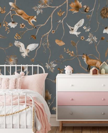 mural de pared personalizado de animales para niños llamado Playful Forest - Blue de Kikki Belle para dormitorios infantiles