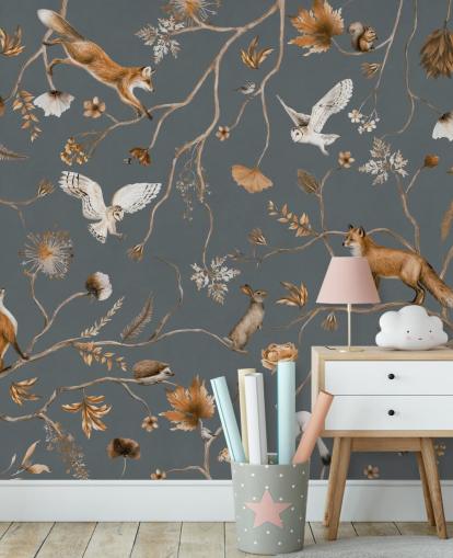fresque murale personnalisée en forme d'animal pour enfants appelée Playful Forest - Blue par Kikki Belle pour les chambres d'enfants