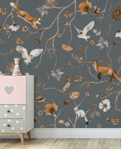 murale personalizzato con animali per bambini chiamato Playful Forest - Blue di Kikki Belle per camerette per bambini