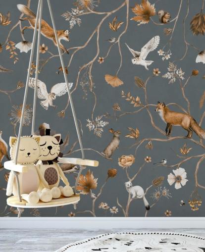 fresque murale personnalisée en forme d'animal pour enfants appelée Playful Forest - Blue par Kikki Belle pour les chambres d'enfants fresque murale personnalisée en forme d'animal pour enfants appelée Playful Forest - Blue par Kikki Belle pour les chambres d'enfants