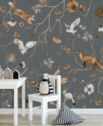 brugerdefineret børnedyrevægmaleri kaldet Playful Forest - Blue af Kikki Belle til børns soveværelser brugerdefineret børnedyrevægmaleri kaldet Playful Forest - Blue af Kikki Belle til børns soveværelser