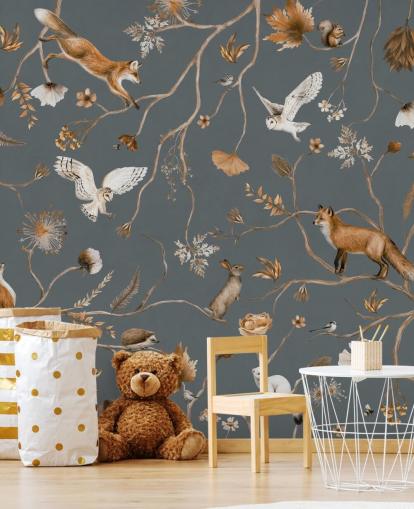 brugerdefineret børnedyrevægmaleri kaldet Playful Forest - Blue af Kikki Belle til børns soveværelser