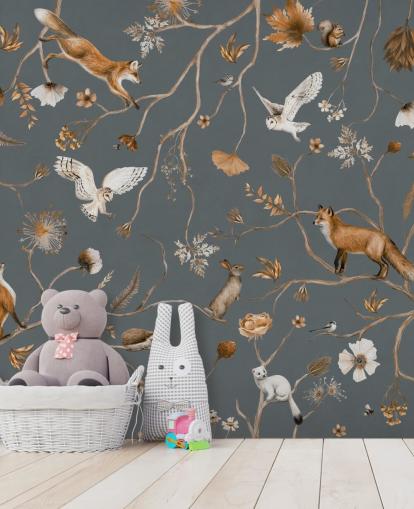 anpassad barndjurväggmålning som heter Playful Forest - Blue av Kikki Belle för barnens sovrum