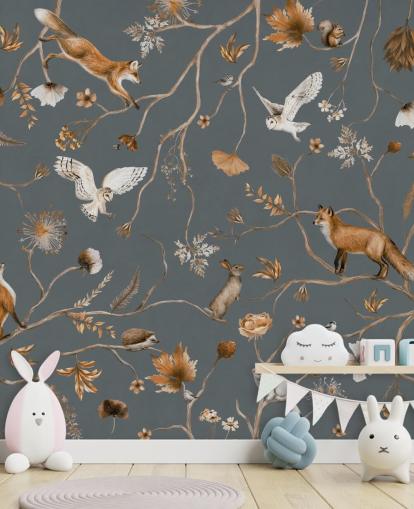 mural de parede de animais infantis personalizado chamado Playful Forest - Blue de Kikki Belle para quartos infantis