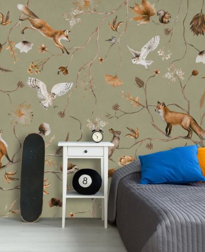 mural de papel de parede verde personalizável para crianças chamado Playful Forest - Green de Kikki Belle