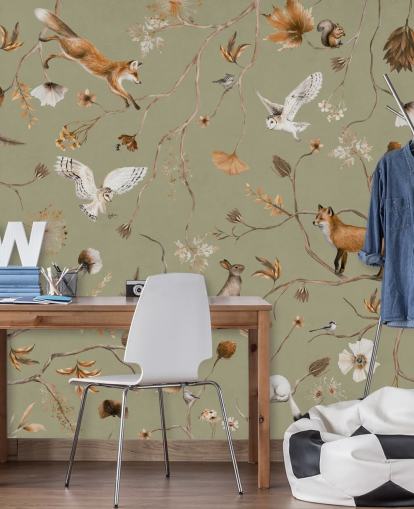 green customisable kids forest wallpaper mural called Playful Forest - Green by Kikki Belle