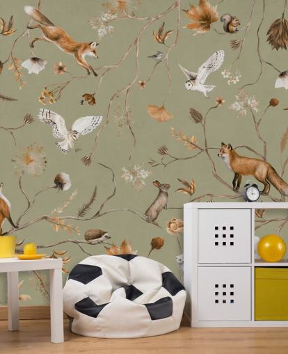 groene aanpasbare bosbehangmuurschildering voor kinderen genaamd Playful Forest - Green van Kikki Belle groene aanpasbare bosbehangmuurschildering voor kinderen genaamd Playful Forest - Green van Kikki Belle