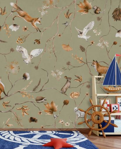 green customisable kids forest wallpaper mural called Playful Forest - Green by Kikki Belle