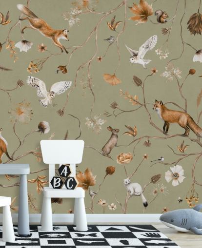 papier peint mural vert personnalisable pour enfants appelé Playful Forest - Green par Kikki Belle