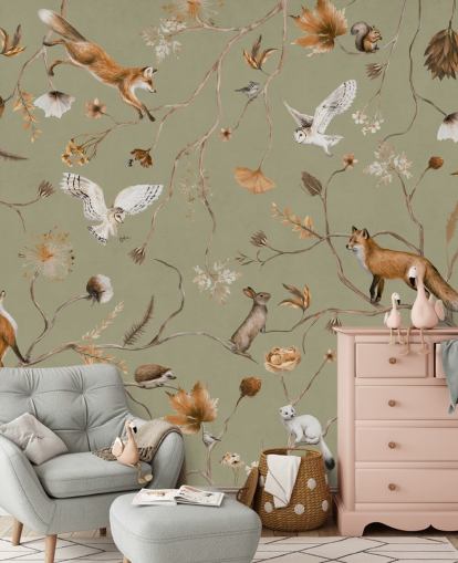 carta da parati murale verde personalizzabile per bambini chiamata Playful Forest - Green by Kikki Belle