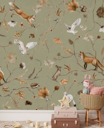 Grünes, anpassbares Wald-Wandbild für Kinder mit dem Titel Playful Forest — Green von Kikki Belle