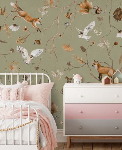 mural verde personalizable de un bosque para niños llamado Playful Forest - Green de Kikki Belle