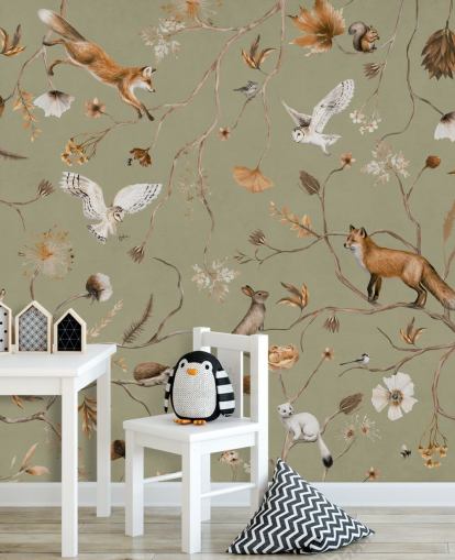 grön anpassningsbar barnskog tapetväggmålning som heter Playful Forest - Green av Kikki Belle