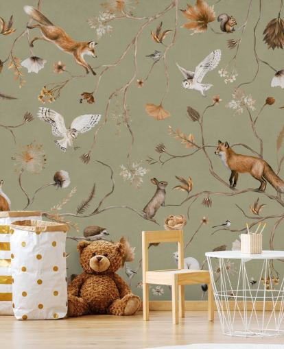 carta da parati murale verde personalizzabile per bambini chiamata Playful Forest - Green by Kikki Belle