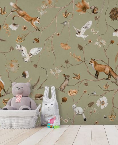 mural de papel de parede verde personalizável para crianças chamado Playful Forest - Green de Kikki Belle