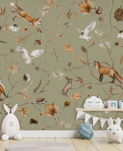 green customisable kids forest wallpaper mural called Playful Forest - Green by Kikki Belle
