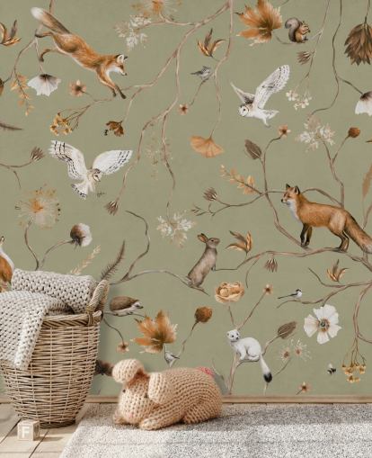 papier peint mural vert personnalisable pour enfants appelé Playful Forest - Green par Kikki Belle