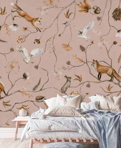 pink customizable forest animals wall mural called Playful Forest - Pink by Kikki Belle