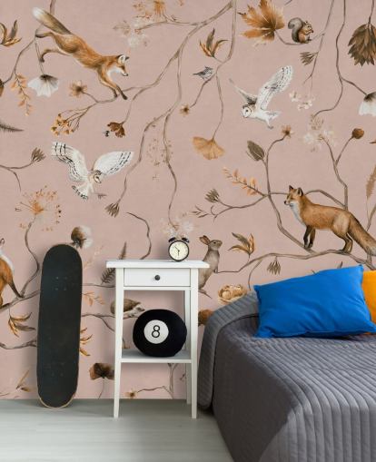 murale rosa personalizzabile con animali della foresta chiamato Playful Forest - Pink by Kikki Belle