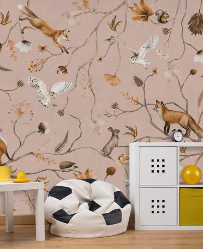 pink customisable forest animals wall mural called Playful Forest - Pink by Kikki Belle