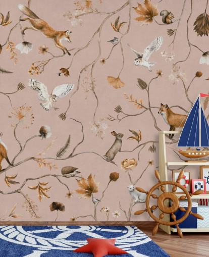 murale rosa personalizzabile con animali della foresta chiamato Playful Forest - Pink by Kikki Belle