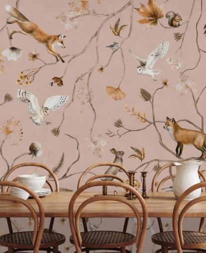 mural de pared rosa personalizable de animales del bosque llamado Playful Forest - Pink de Kikki Belle mural de pared rosa personalizable de animales del bosque llamado Playful Forest - Pink de Kikki Belle