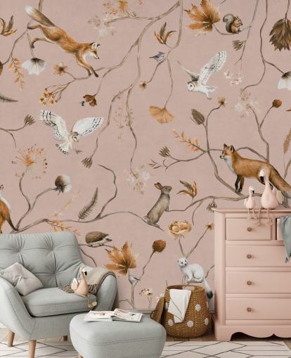 Personalisierbares Wandbild mit rosafarbenen Waldtieren namens Playful Forest - Pink von Kikki Belle Personalisierbares Wandbild mit rosafarbenen Waldtieren namens Playful Forest - Pink von Kikki Belle