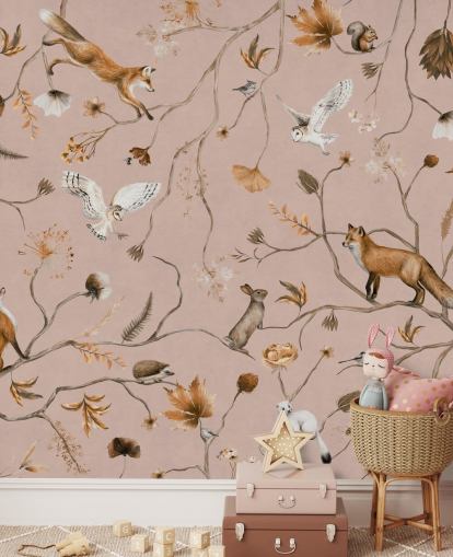 murale rosa personalizzabile con animali della foresta chiamato Playful Forest - Pink by Kikki Belle