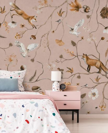 murale rosa personalizzabile con animali della foresta chiamato Playful Forest - Pink by Kikki Belle