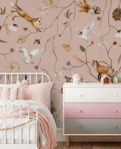 murale rosa personalizzabile con animali della foresta chiamato Playful Forest - Pink by Kikki Belle