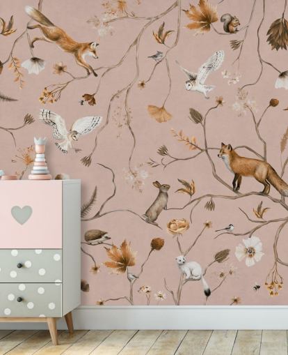 mural de pared rosa personalizable de animales del bosque llamado Playful Forest - Pink de Kikki Belle
