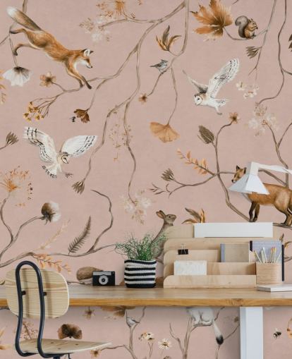 pink customizable forest animals wall mural called Playful Forest - Pink by Kikki Belle