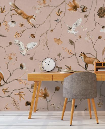 pink customizable forest animals wall mural called Playful Forest - Pink by Kikki Belle