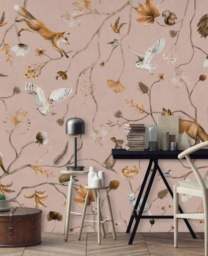 mural de parede rosa personalizável de animais da floresta chamado Playful Forest - Pink de Kikki Belle
