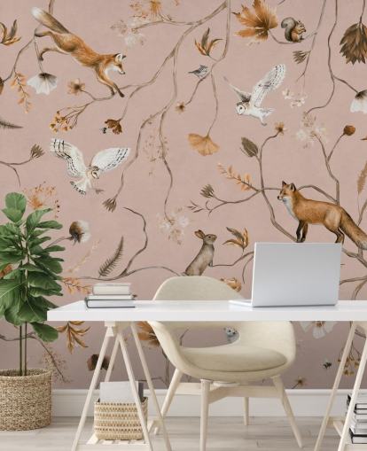 pink customizable forest animals wall mural called Playful Forest - Pink by Kikki Belle
