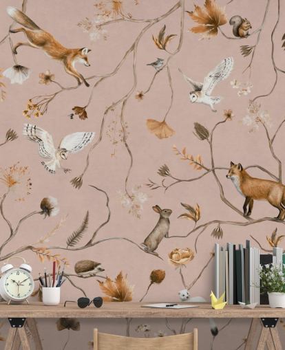 pink customizable forest animals wall mural called Playful Forest - Pink by Kikki Belle