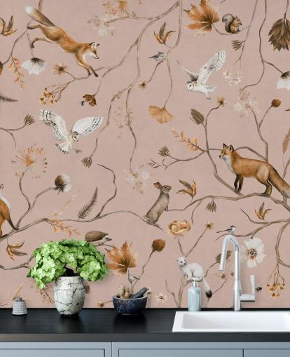 pink customisable forest animals wall mural called Playful Forest - Pink by Kikki Belle