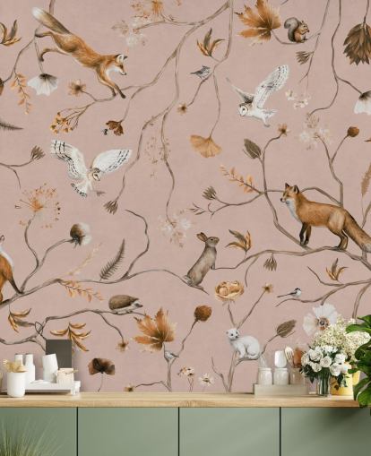 pink customisable forest animals wall mural called Playful Forest - Pink by Kikki Belle