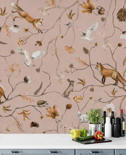 mural de pared rosa personalizable de animales del bosque llamado Playful Forest - Pink de Kikki Belle