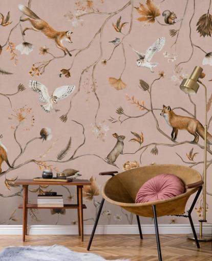 pink customizable forest animals wall mural called Playful Forest - Pink by Kikki Belle pink customizable forest animals wall mural called Playful Forest - Pink by Kikki Belle