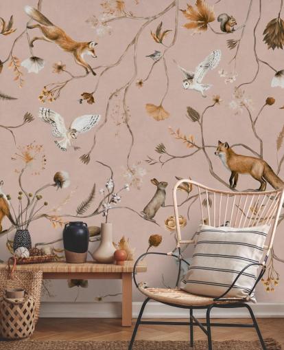 mural de pared rosa personalizable de animales del bosque llamado Playful Forest - Pink de Kikki Belle