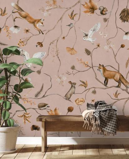 mural de pared rosa personalizable de animales del bosque llamado Playful Forest - Pink de Kikki Belle