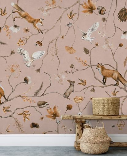mural de pared rosa personalizable de animales del bosque llamado Playful Forest - Pink de Kikki Belle mural de pared rosa personalizable de animales del bosque llamado Playful Forest - Pink de Kikki Belle