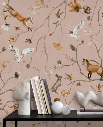 mural de pared rosa personalizable de animales del bosque llamado Playful Forest - Pink de Kikki Belle