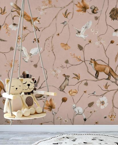 fresque murale rose personnalisable avec des animaux de la forêt appelée Playful Forest - Pink de Kikki Belle