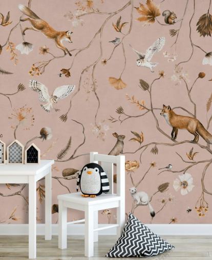 vaaleanpunainen muokattava metsäeläinten seinämaalaus nimeltä Playful Forest - Pink by Kikki Belle