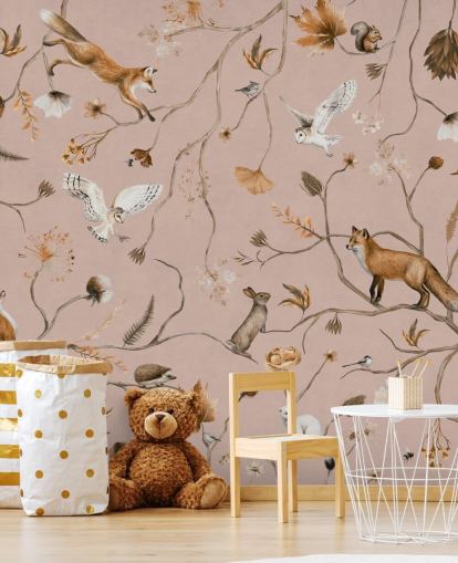 pink customisable forest animals wall mural called Playful Forest - Pink by Kikki Belle pink customisable forest animals wall mural called Playful Forest - Pink by Kikki Belle