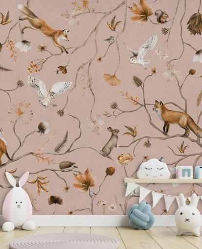 pink customizable forest animals wall mural called Playful Forest - Pink by Kikki Belle